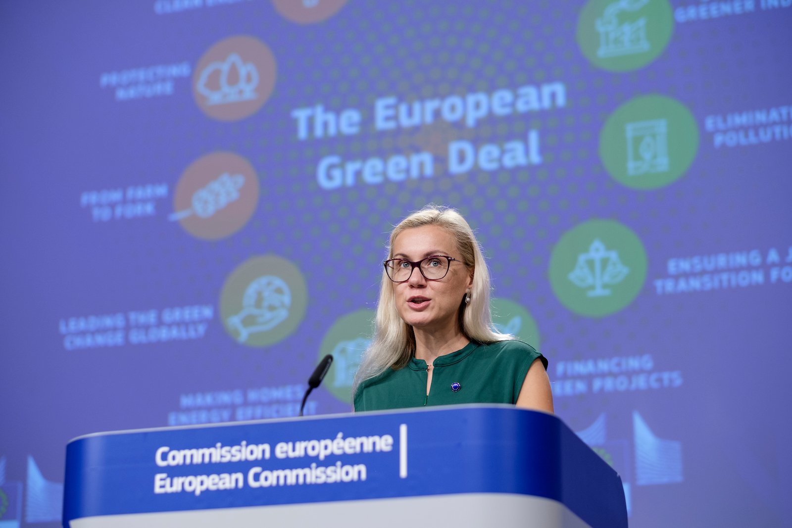 EU Commissioner Kadri Simson at a European Green Deal press conference